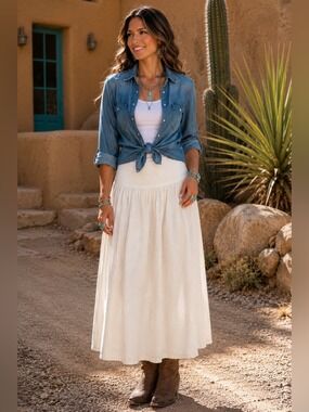 Vintage White Cotton Linen Blend Midi Skirt Size 6 Western Yoke Waist Lined Boho